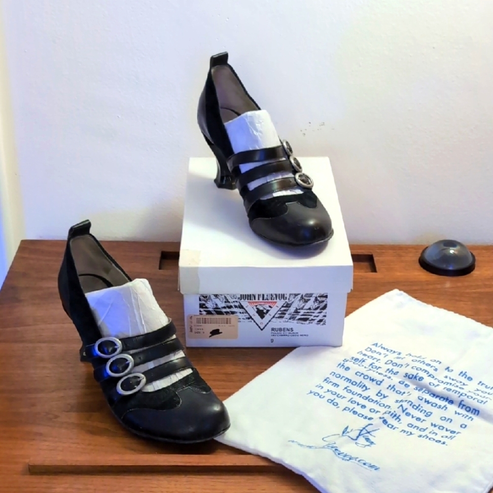 John Fluevog Black Mary Jane Heels with Buckled Straps and Rounded Toe